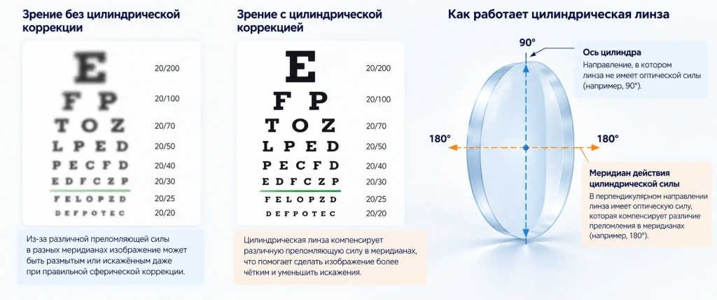 Сравнение зрения без цилиндрической коррекции и с ней, схема цилиндрической линзы и её оси при астигматизме Сравнение зрения без цилиндрической коррекции и с ней, схема цилиндрической линзы и её оси при астигматизме